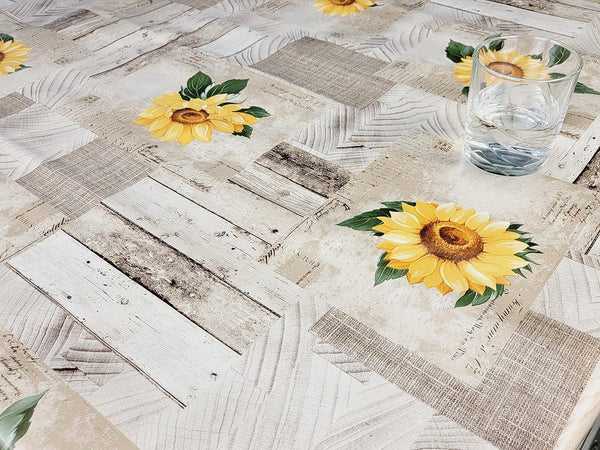 Natural and Yellow Sunflower Patchwork vinyl tablecloth OVAL 220cm x 140cm-Warehouse Clearance