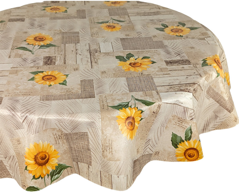 Natural and Yellow Sunflower vinyl tablecloth ROUND 138cm -Warehouse Clearance