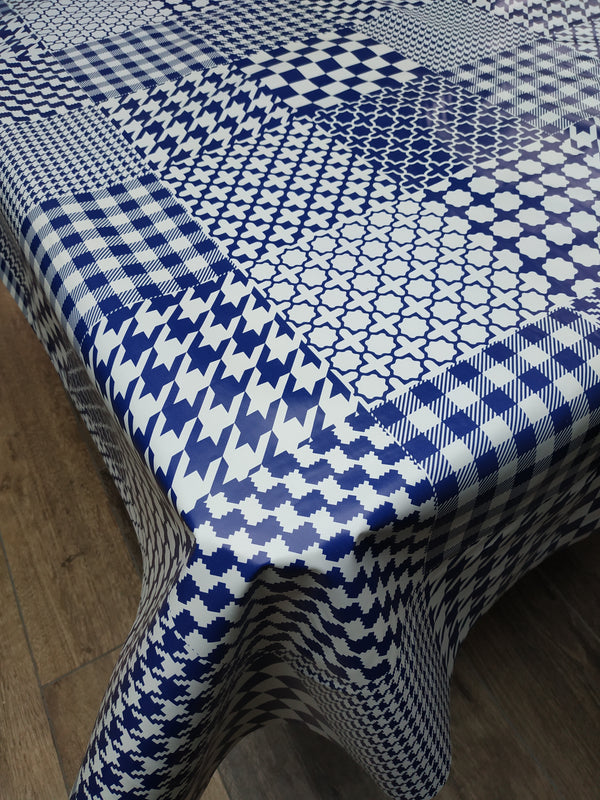 Navy Blue Patchwork Checks  PVC Vinyl Tablecloth Roll 20 Metres x 140cm Full Roll