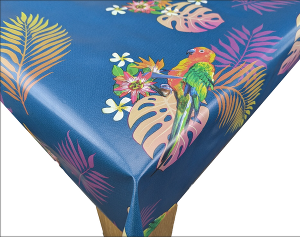 Jungle Parrots Blue vinyl tablecloth ROUND 140cm -Warehouse Clearance