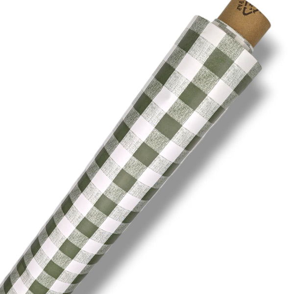 Olive Green Gingham Check  PVC Vinyl Tablecloth 20 Metres -Minor Print Faults