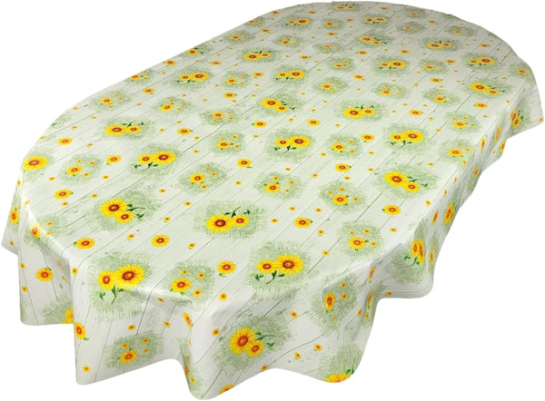 Oval Wipe Clean Tablecloth Vinyl PVC 180cm x 140cm Sunflowers on Green Wood Effect