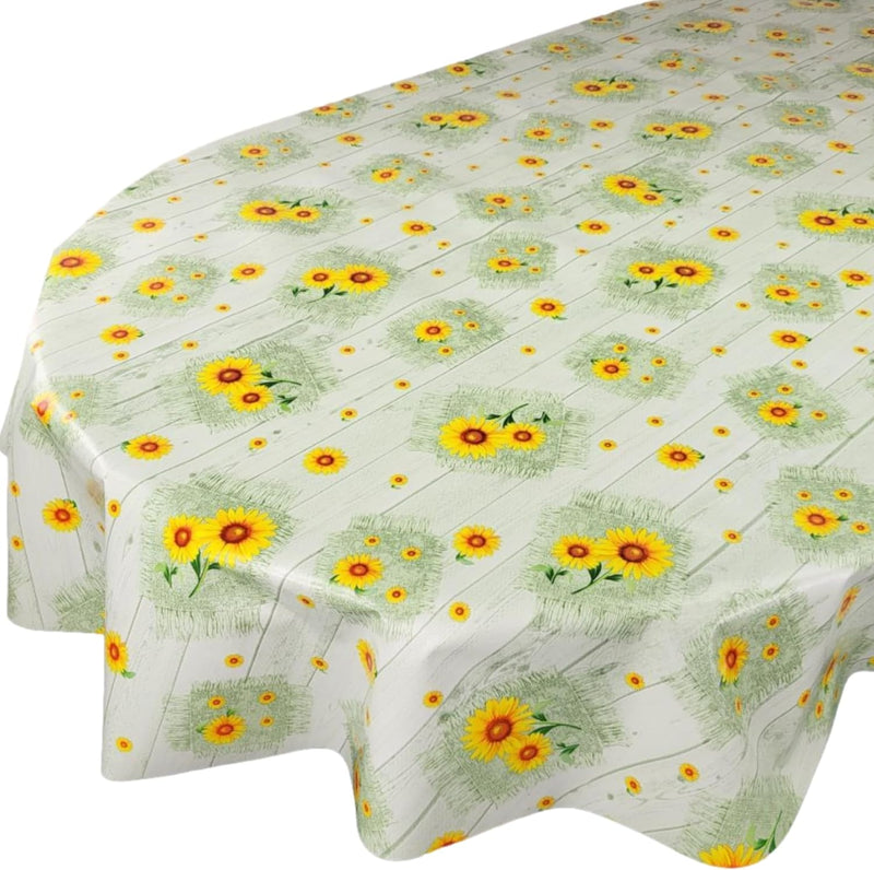 Oval Wipe Clean Tablecloth Vinyl PVC 250cm x 140cm Sunflowers on Green Wood Effect