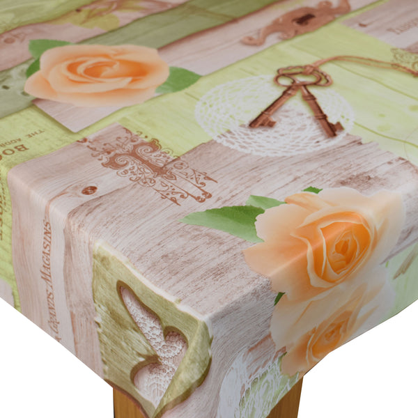 Paris Taupe Green Orange Rose  PVC Vinyl Tablecloth 20 Metres