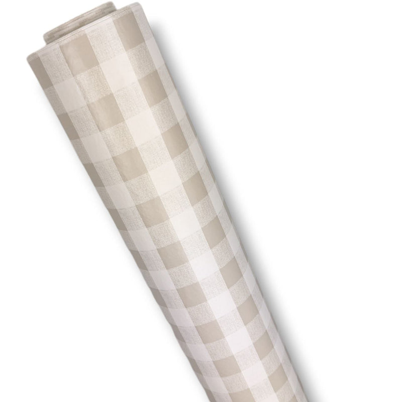 Pebble Beige Gingham Check  PVC Vinyl Tablecloth 20 Metres -Minor Print Faults