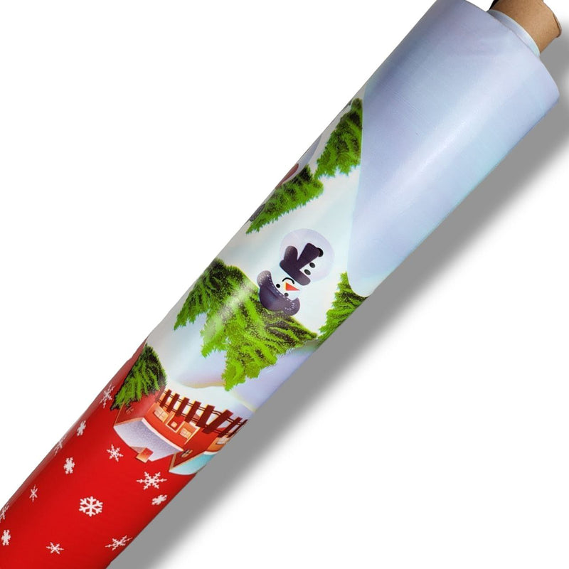 Snowman Snowflake Border Red PVC Vinyl Tablecloth 20 Metres x 140cm Full Roll