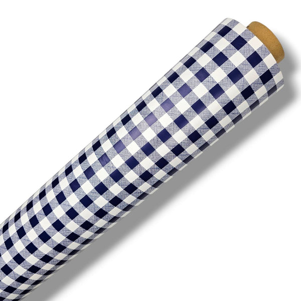 Navy Blue Small Check Gingham PVC Vinyl Tablecloth Roll 20 Metres x 140cm Full Roll