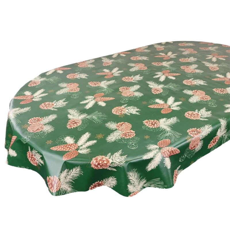 Oval Christmas Pine Cones Green Wipe Clean PVC Vinyl Tablecloth 180cm x 140cm