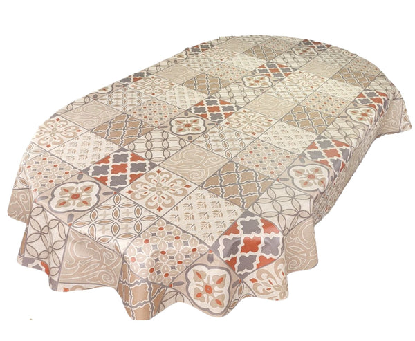 Oval Porto Tiles Orange Taupe Wipe Clean PVC Vinyl Tablecloth  180cm x 140cm