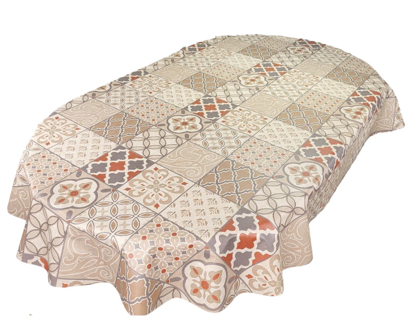 Oval Porto Tiles Orange Taupe Wipe Clean PVC Vinyl Tablecloth  180cm x 140cm