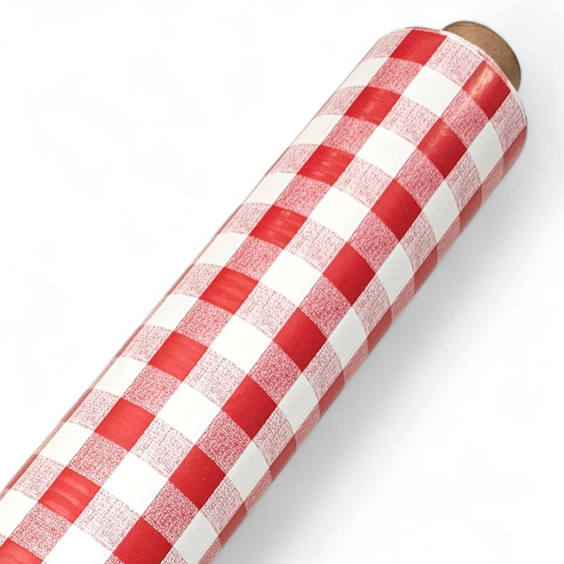 Red Classic Gingham Check  PVC Vinyl Tablecloth 20 Metres -Minor Print Faults