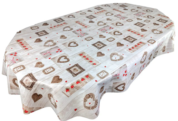 Red Hearts on Taupe Wood  PVC Vinyl Wipe Clean Tablecloth OVAL 220cm x 140cm Warehouse Clearance