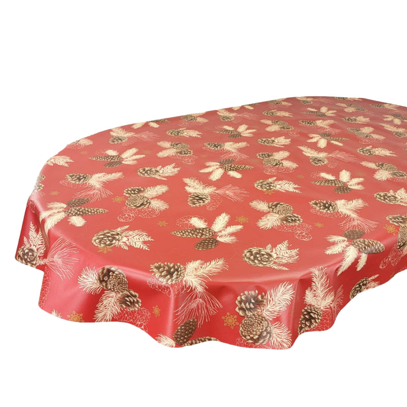 Oval Christmas Pine Cones Red Wipe Clean PVC Vinyl Tablecloth 200cm x 140cm