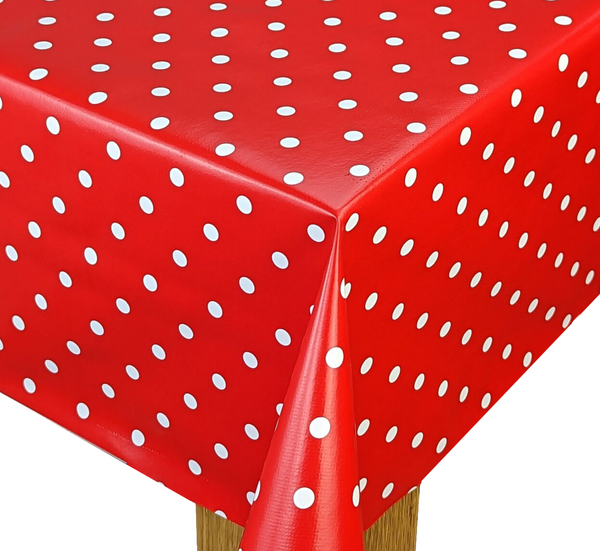 Dotty Red vinyl tablecloth OVAL 220cm x 140cm-Warehouse Clearance