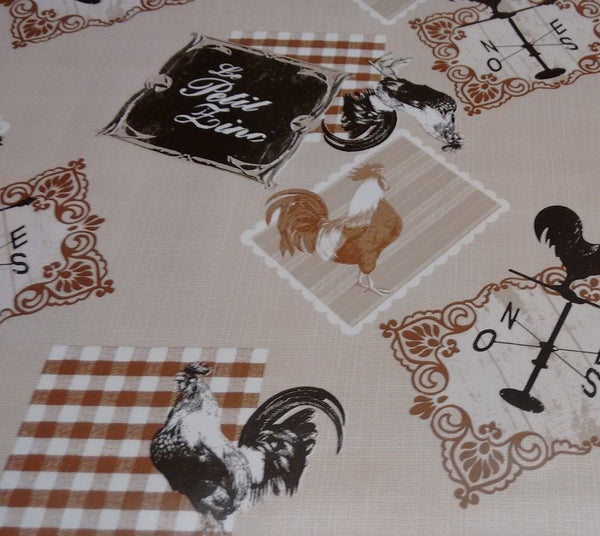 Rooster Chicken Beige and Brown Vinyl Oilcloth Tablecloth