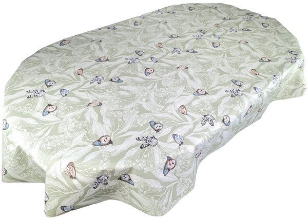 Leaves Butterflies Sage Green vinyl tablecloth OVAL 220cm x 140cm-Warehouse Clearance