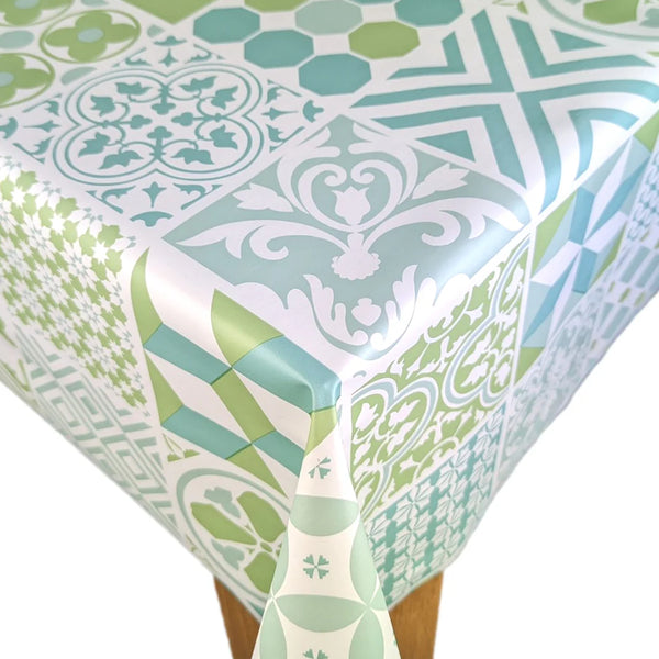 Sage Green and Mineral Tiles PVC Vinyl Wipe Clean Tablecloth ROUND 140cm Warehouse Clearance