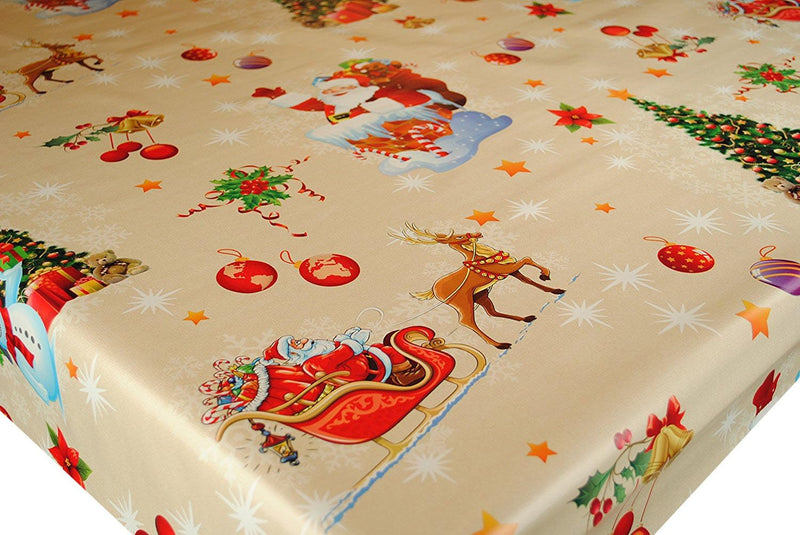 Christmas Santa Sleigh Natural  PVC Vinyl Tablecloth 20 Metres x 140cm Full Roll