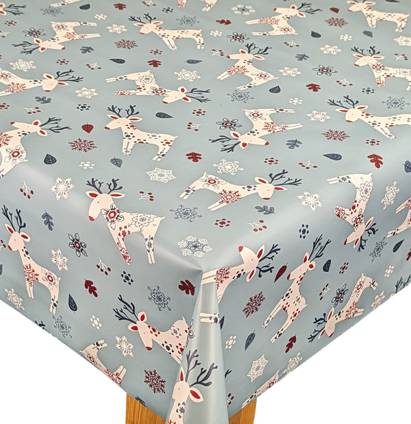 Scandi Reindeer Blue Vinyl Oilcloth Tablecloth 140cm x 140cm   -  Christmas Warehouse Clearance