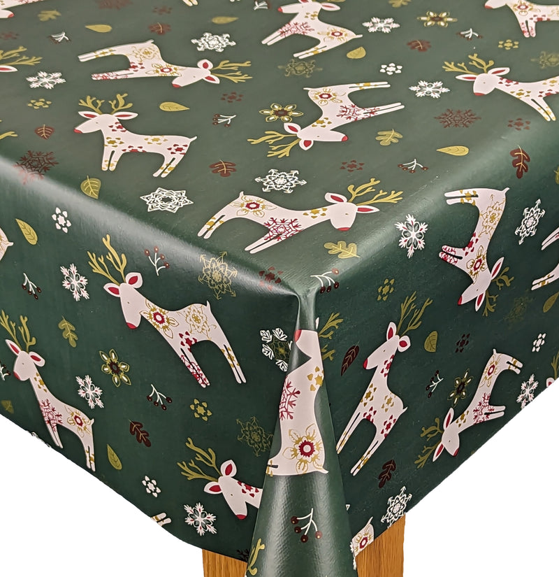 Scandi Reindeer Green vinyl tablecloth OVAL 220cm x 140cm-Warehouse Clearance