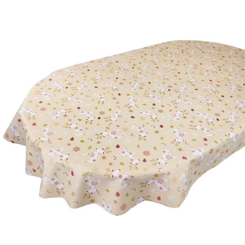 Oval Scandi Reindeer Cream Wipe Clean PVC Vinyl Tablecloth 180cm x 140cm