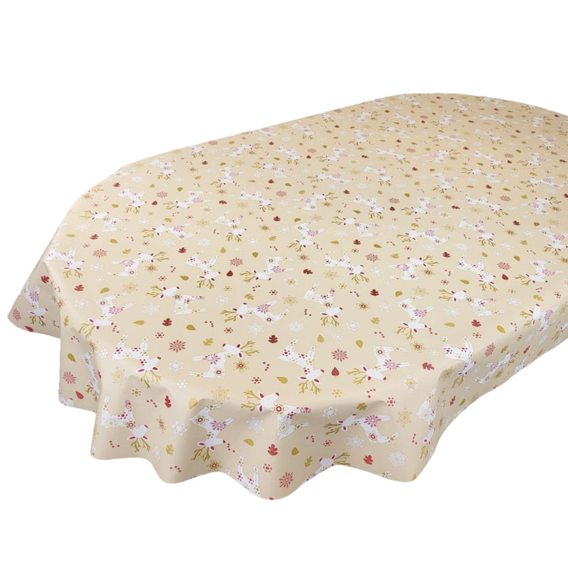 Oval Scandi Reindeer Cream Wipe Clean PVC Vinyl Tablecloth 250cm x 140cm