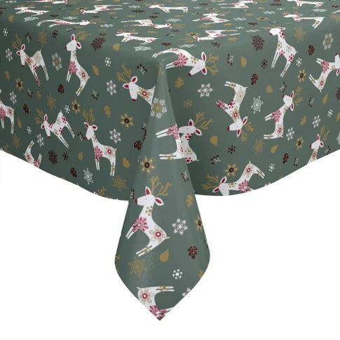 Christmas Scandi Reindeer Green Vinyl Tablecloth Roll 20 Metres x 140cm