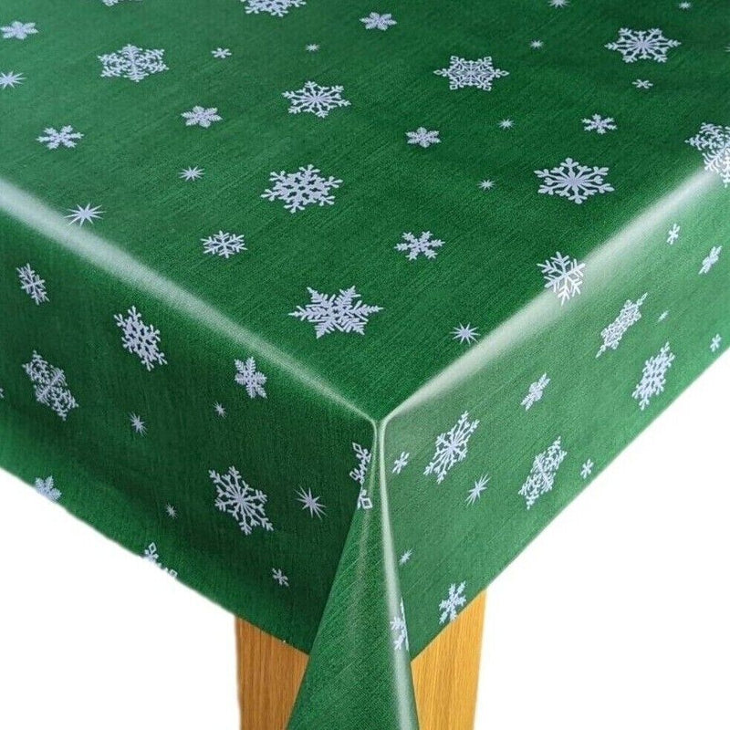 Silver Snowflakes on Green Vinyl Oilcloth Tablecloth 100cm x 140cm   - Warehouse Clearance