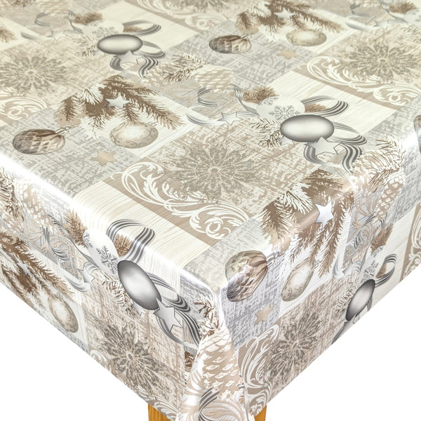 Taupe Silver Christmas Baubles Vinyl Oilcloth Tablecloth