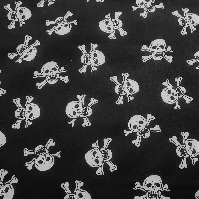 Halloween Skull and Crossbones on Black Polyester / Cotton FABRIC for crafts 112cm x 27.4 metres Roll