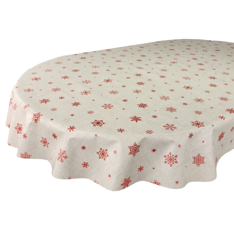 Oval Red Snowflakes on Beige Wipe Clean PVC Vinyl Tablecloth 250cm x 140cm