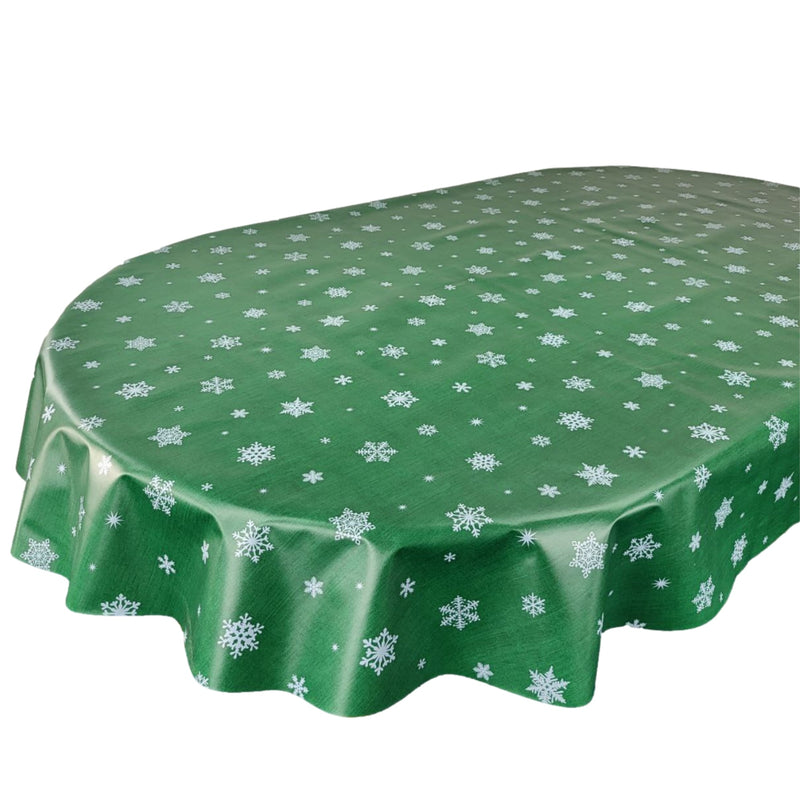 Oval Silver Snowflakes on Green Wipe Clean PVC Vinyl Tablecloth 250cm x 140cm