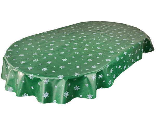 Oval Silver Snowflakes on Green Wipe Clean PVC Vinyl Tablecloth 200cm x 140cm