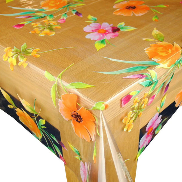 Clear with Summer Flowers 160cm x 140cm PVC Vinyl Tablecloth  - Warehouse Clearance