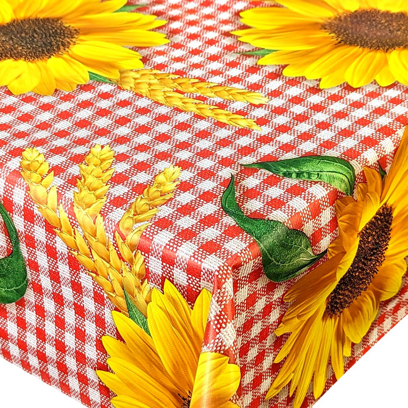 Sunflower and Corn on Red Gingham PVC Tablecloth 20 Metres Roll