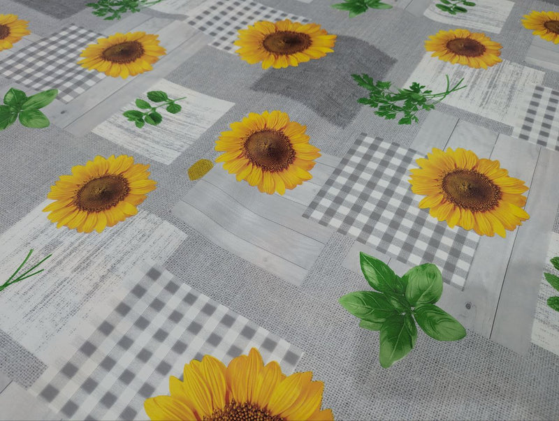 Sunflowers Grey PVC Vinyl Wipe Clean Tablecloth-Print Faults- Round 138cm Warehouse Clearance