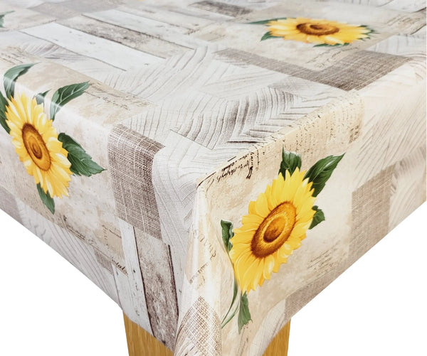 Taupe and Yellow Sunflower Patchwork vinyl tablecloth 110cm x 140cm  -Warehouse Clearance