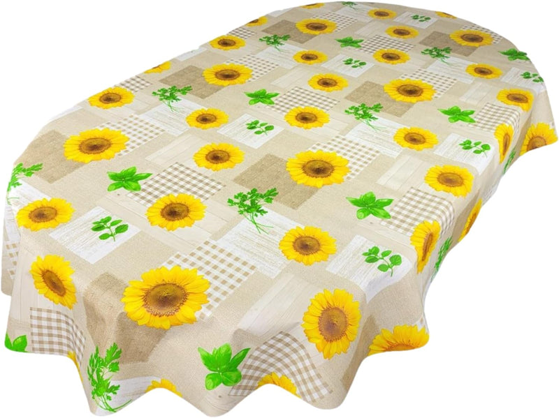 Oval Wipe Clean Tablecloth Vinyl PVC 250cm x 140cm Taupe and Yellow Sunflower