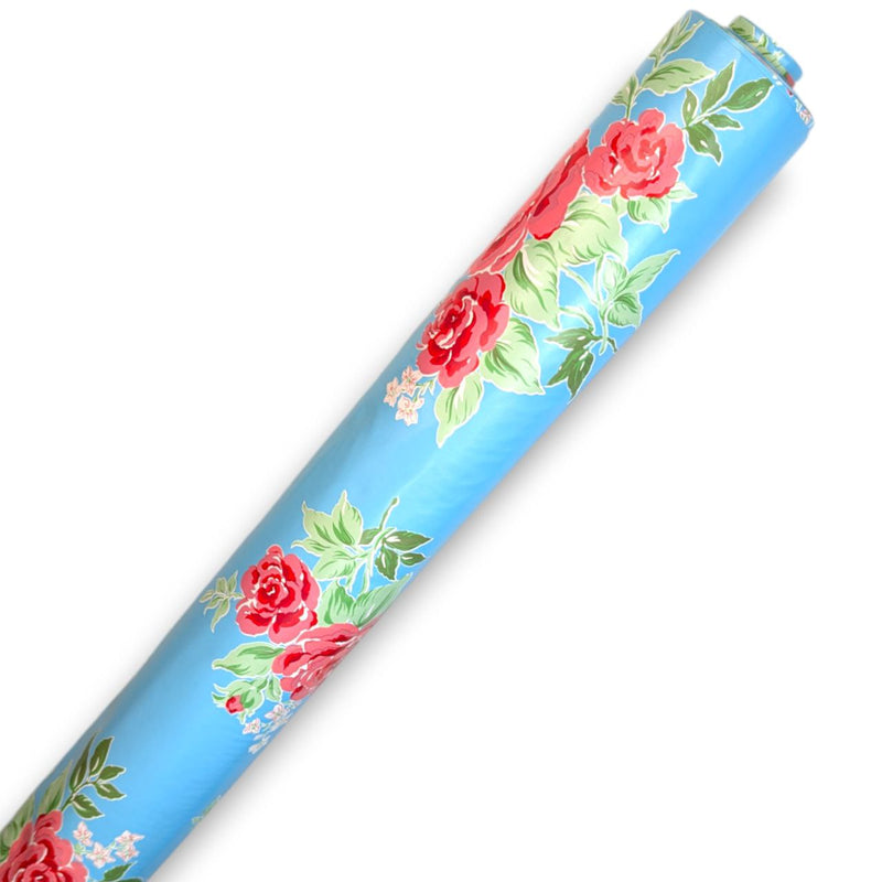 Flowers on Bright Blue PVC Vinyl Tablecloth 20 Metres