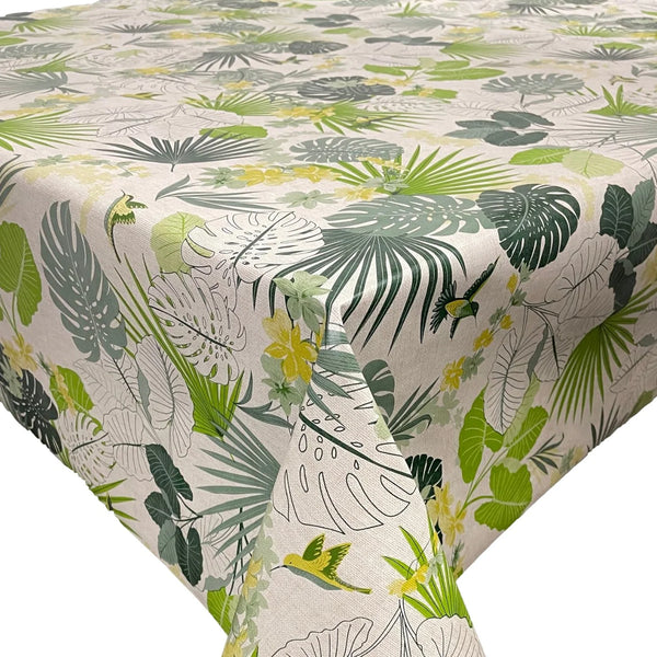 Tropical Flowers and Birds Green Vinyl Oilcloth Tablecloth 100cm x 140cm  - Warehouse Clearance