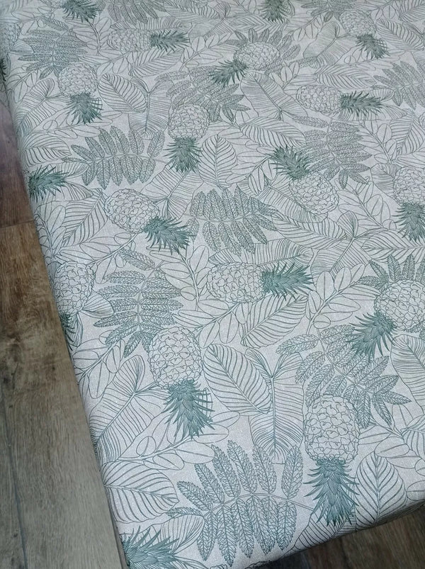 Tropical Leaves Pineapple Green Beige Linen Oilcloth Tablecloth