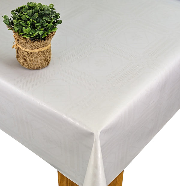 White Flower and Squares on White Vinyl Oilcloth Tablecloth