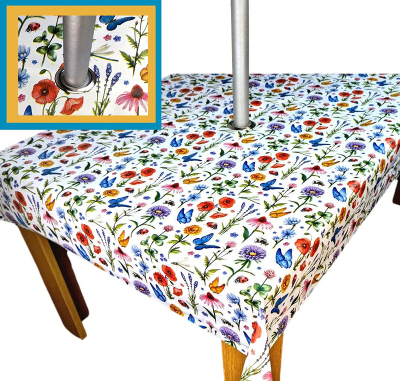 Wildflower Meadow OVAL with PARASOL hole 200cm x 140cm PVC Vinyl Wipe Clean Tablecloth  Warehouse Clearance