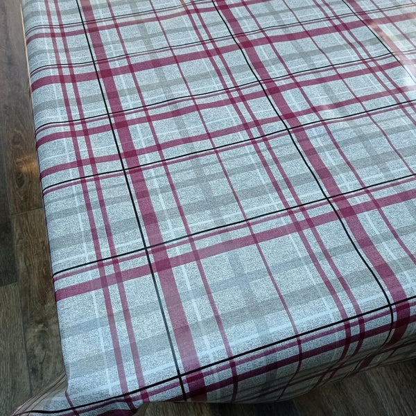 Wine and Grey Check vinyl tablecloth ROUND 140cm -Warehouse Clearance