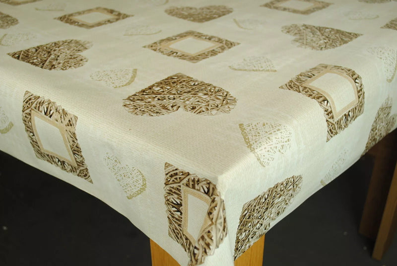 Woven Hearts Taupe vinyl tablecloth 150cm x 140cm -Warehouse Clearance