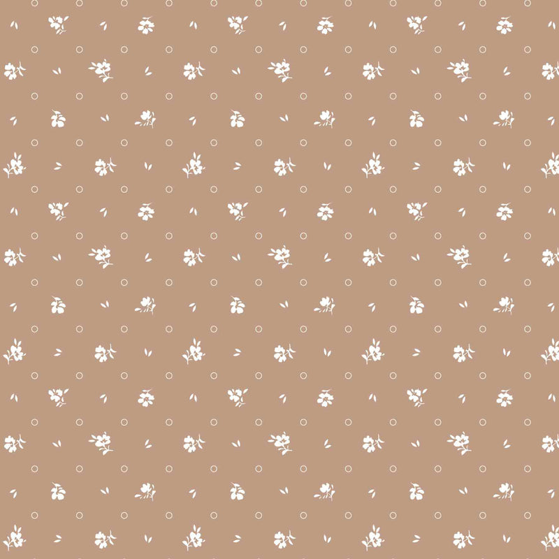 Dainty White Flowers on Taupe PVC Vinyl Tablecloth 20 Metres x 140cm