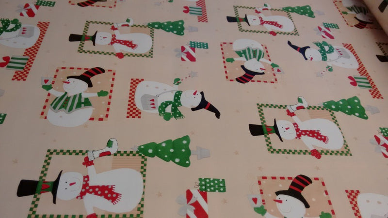 Snowman on Beige Christmas Vinyl Oilcloth Tablecloth