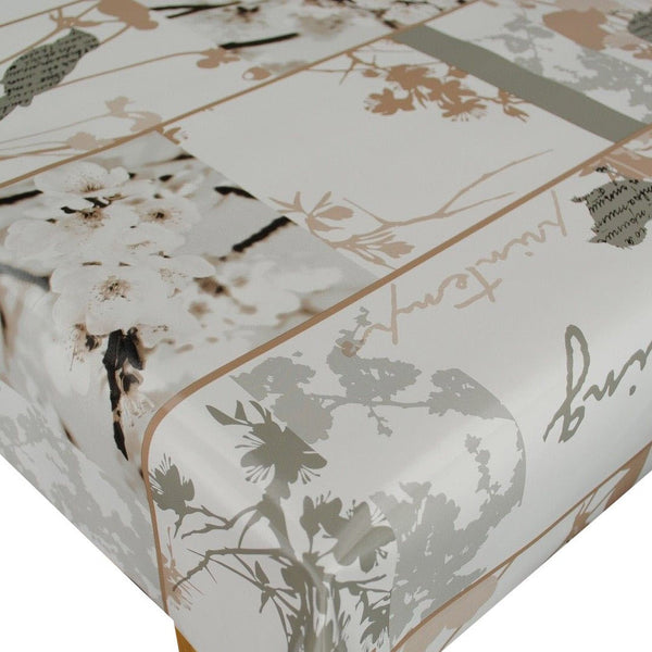 Birds & Blossom Taupe Vinyl Oilcloth Tablecloth