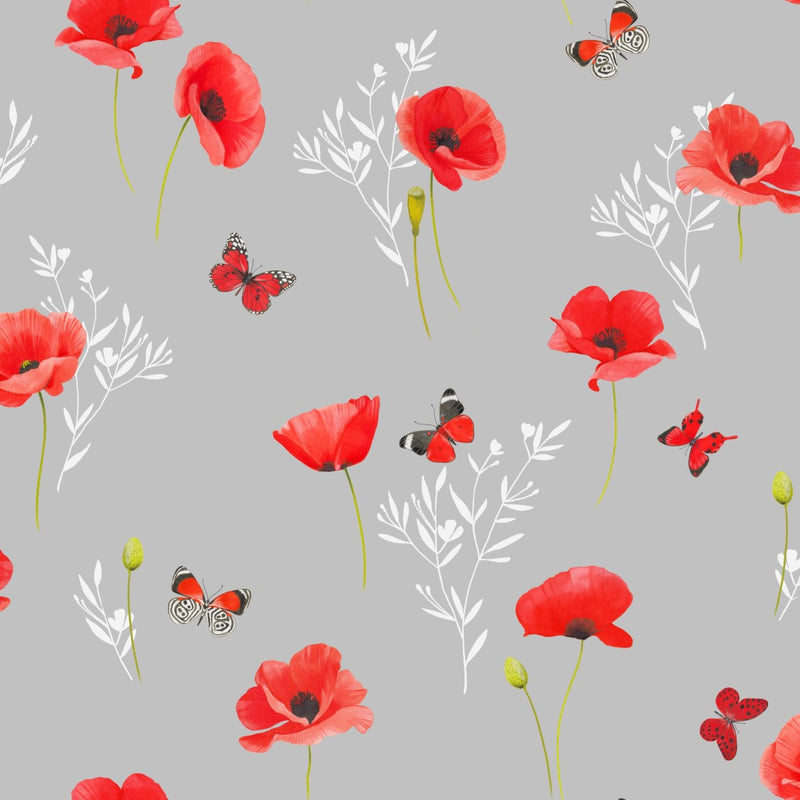 Poppies and Butterflies Red on Grey Vinyl Tablecloth