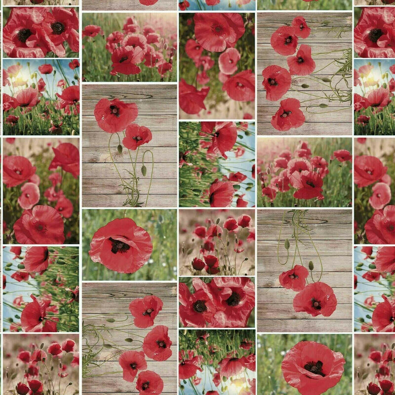 Poppy Fields on Wood Effect Vinyl Tablecloth